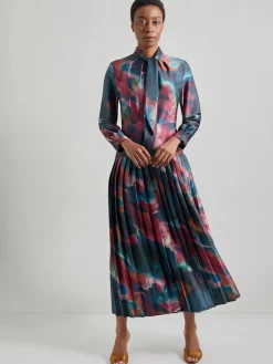 Tie Neck Pleated A-Line Maxi Dress|Misook Clearance