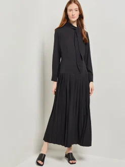Tie Neck Pleated A-Line Maxi Dress|Misook Discount