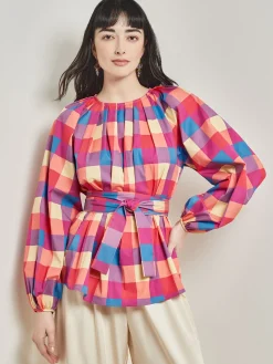 Tie Waist Blouse - Plaid Cotton Blend|Misook Hot
