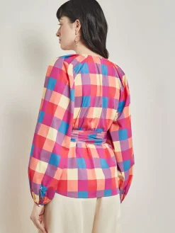Tie Waist Blouse - Plaid Cotton Blend|Misook Hot