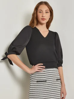 Tie-Detail Puff Sleeve Blouse - Mixed Media|Misook Fashion