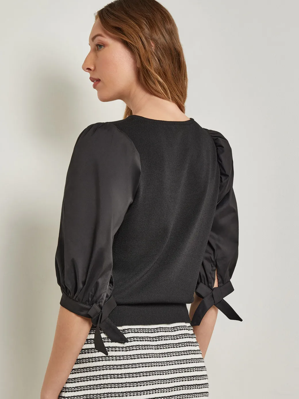 Tie-Detail Puff Sleeve Blouse - Mixed Media|Misook Fashion