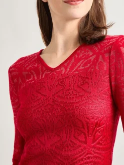 Tonal Patterned V-Neck Burnout Knit Top|Misook Clearance