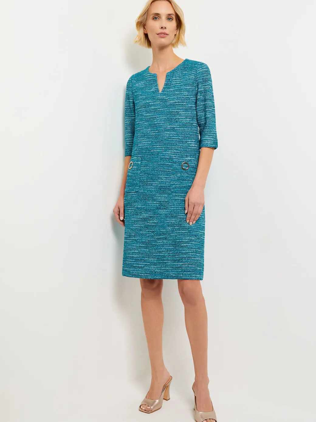 Tweed Knit Shift Dress with Pockets|Misook Online