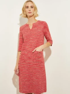 Tweed Knit Shift Dress with Pockets, Sunset Red|Misook Outlet