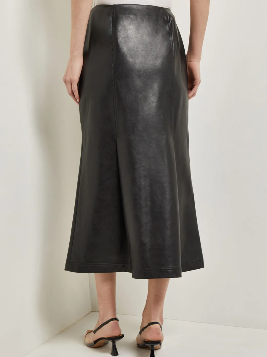 Vegan Leather Front Pleat Trumpet Skirt|Misook Sale