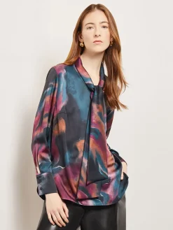 Watercolor Tie Neck Crepe de Chine Blouse|Misook Hot