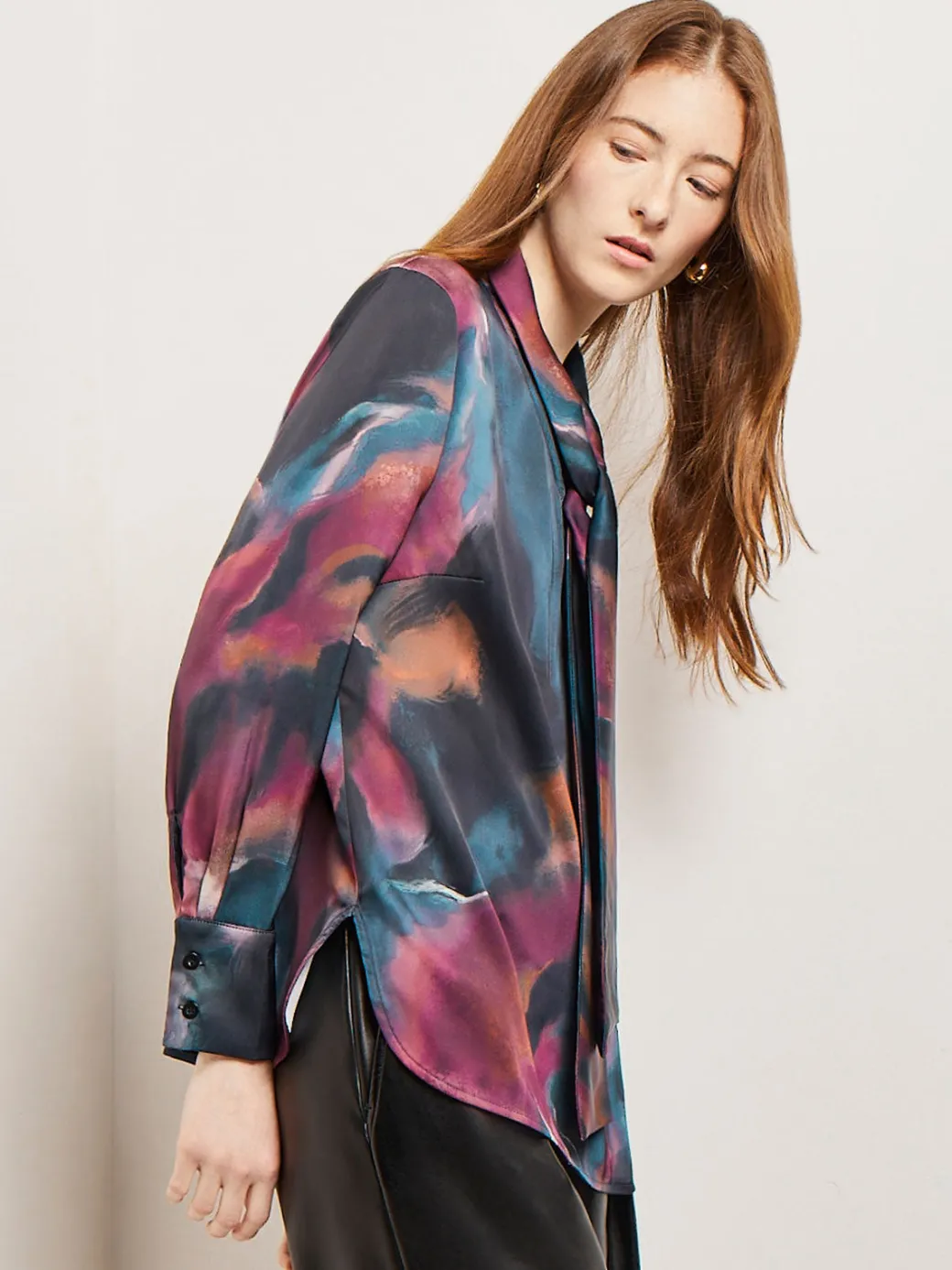 Watercolor Tie Neck Crepe de Chine Blouse|Misook Hot