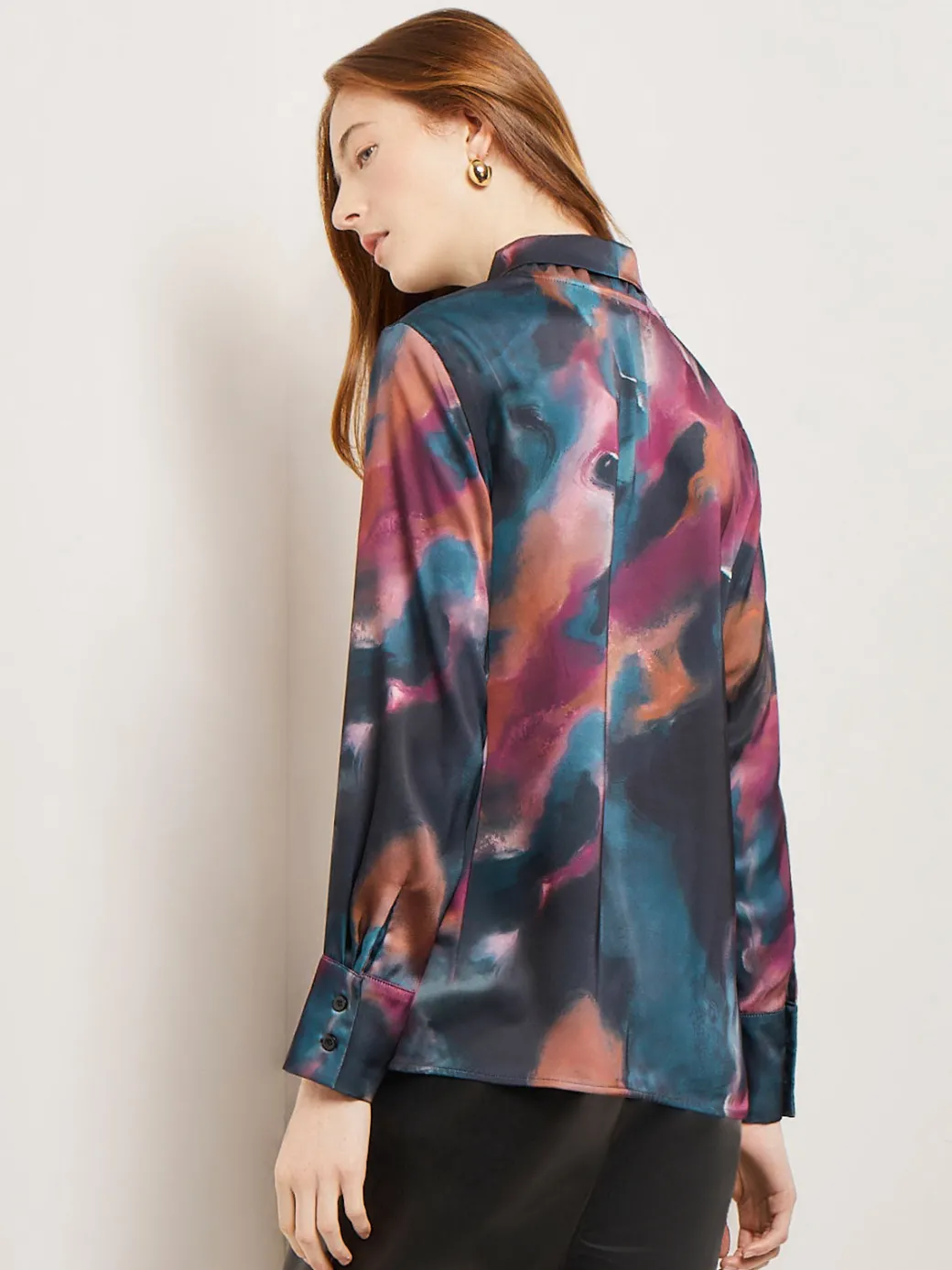 Watercolor Tie Neck Crepe de Chine Blouse|Misook Hot