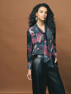 Watercolor Tie Neck Crepe de Chine Blouse|Misook Hot