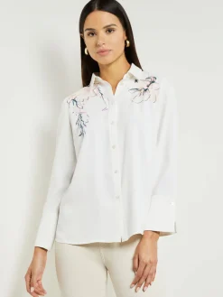 White Floral Top - Crepe de Chine Blouse ||Misook Outlet